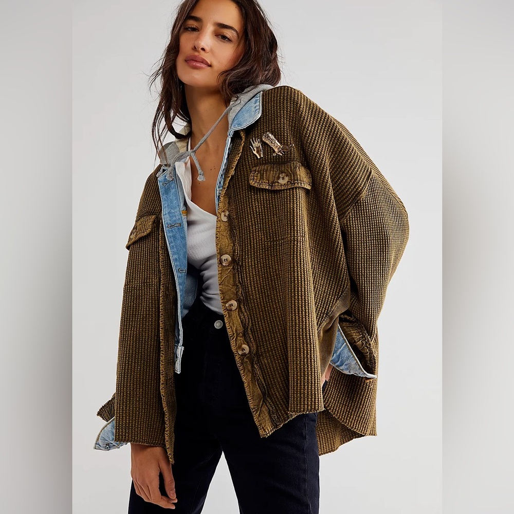 Free People Olive Green Button-Down Layered Shirt Jacket